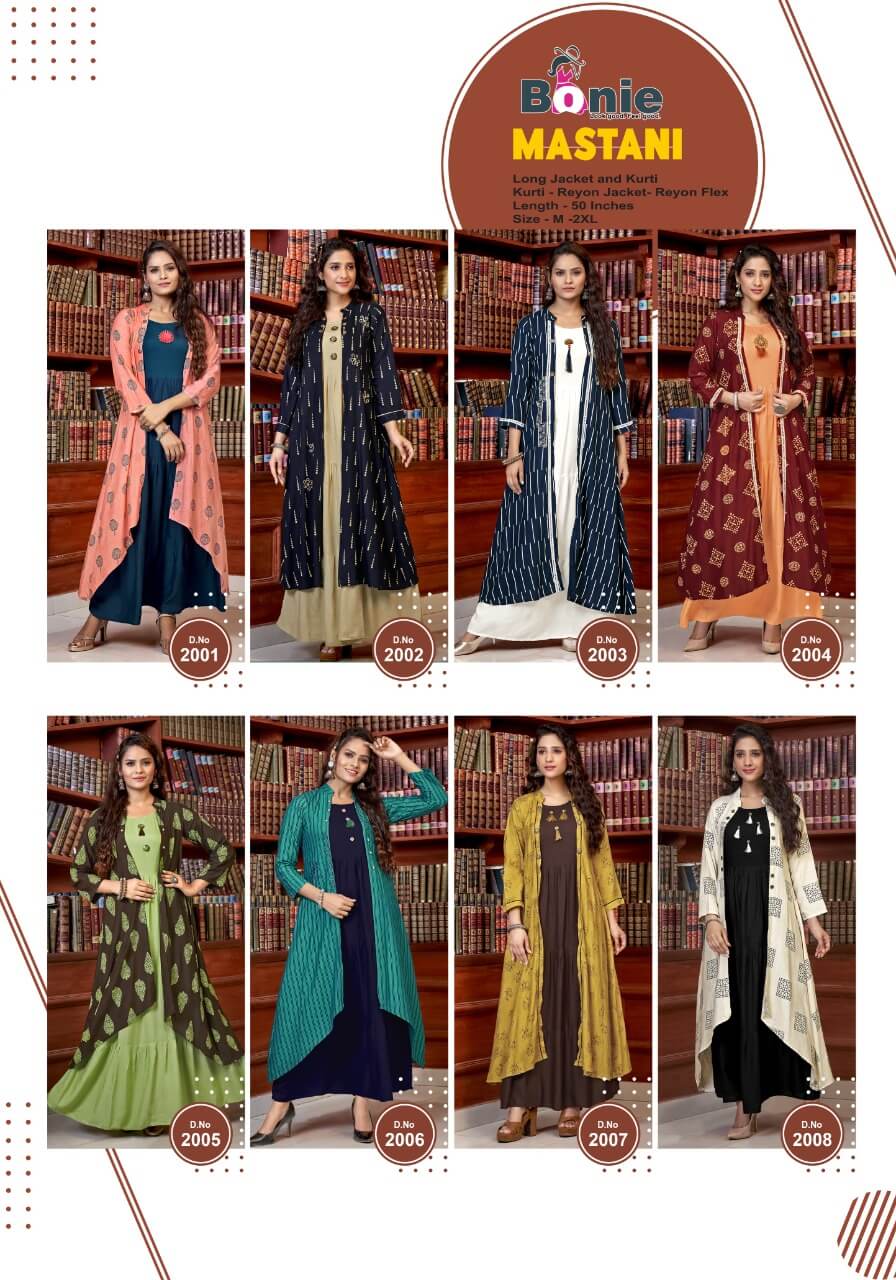 Bonie Mastani Exclusive Fancy Festive Wear Rayon Stylish Kurtis With Flex Jacket Collection
